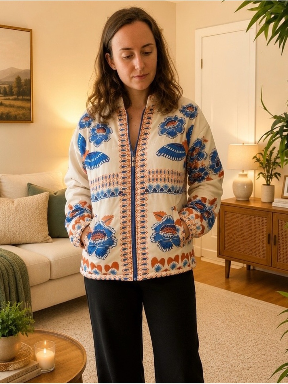 Embroidered Floral Quilted Jacket - Cream & Blue